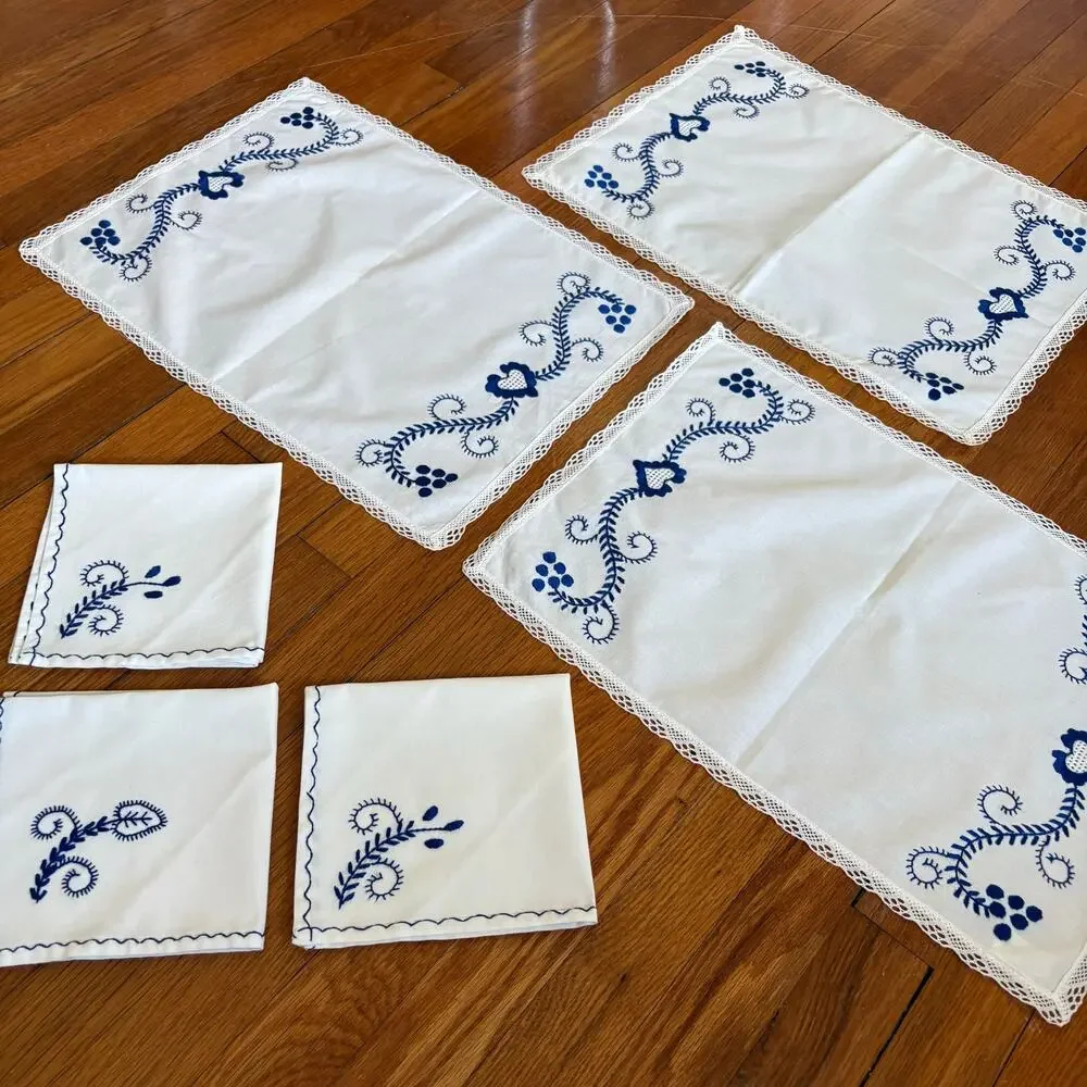 Vintage Portugal White Cotton Placemats Napkins Set Blue Embroidery